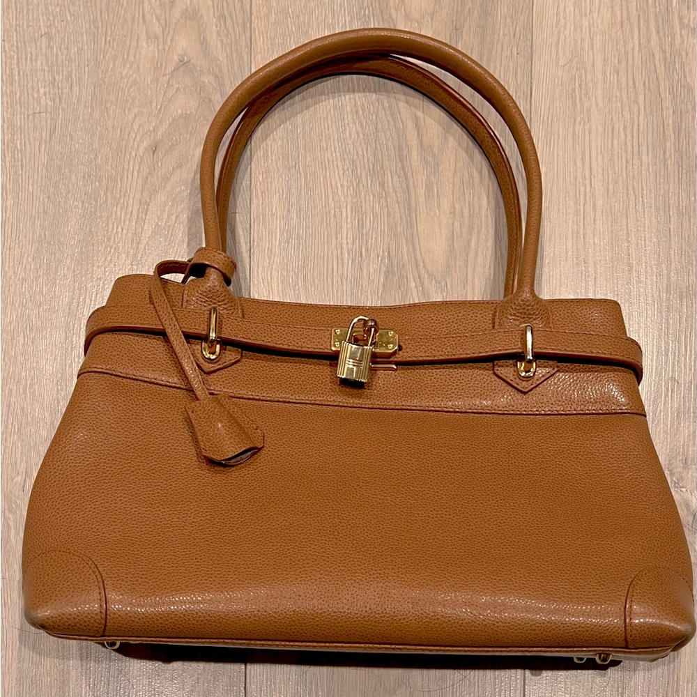 RARE Ashreil Leather Handbag Zip Top Two Handles with Gold Lock and Key Hardware